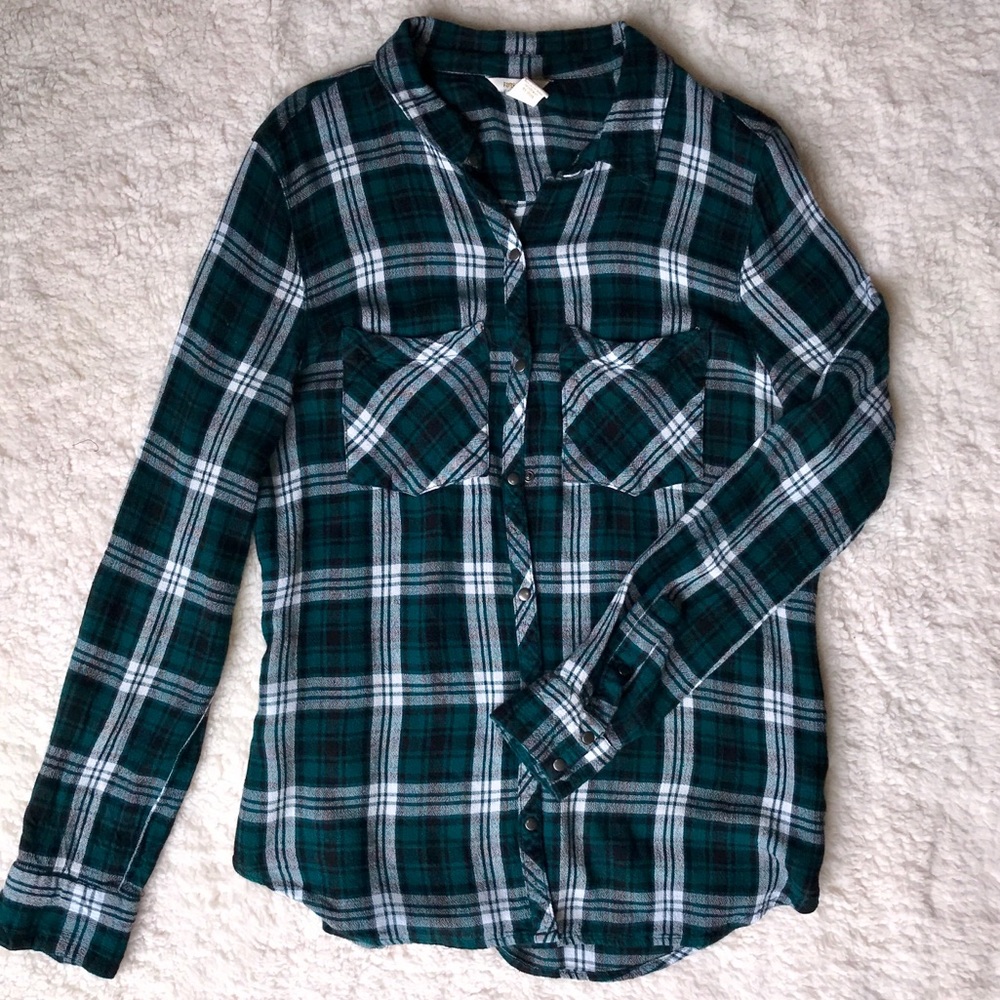 Hunter Green and white plaid Button Down Blouse